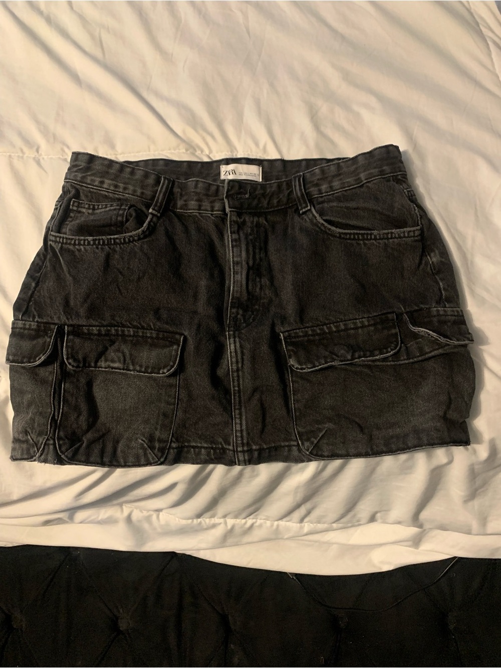 Zara Washed Black Denim Cargo Mini Skirt